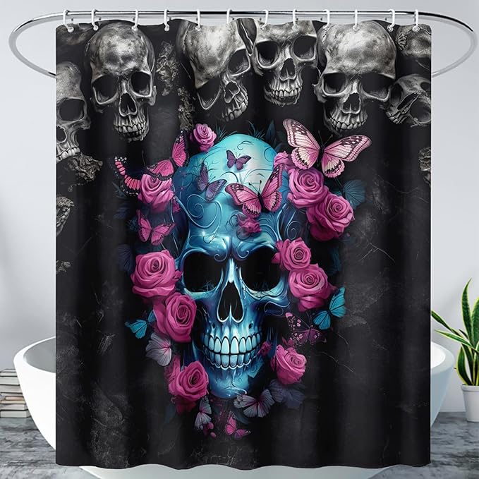 AILONEN 3D Skull Shower Curtain,Oil Ren Rose with Skeleton Design Shower Curtain Set with Hooks for Boys Girls Teens,Gothic Skull Waterproof Fabric Shower Curtain for Bathroom,48" W*72" H