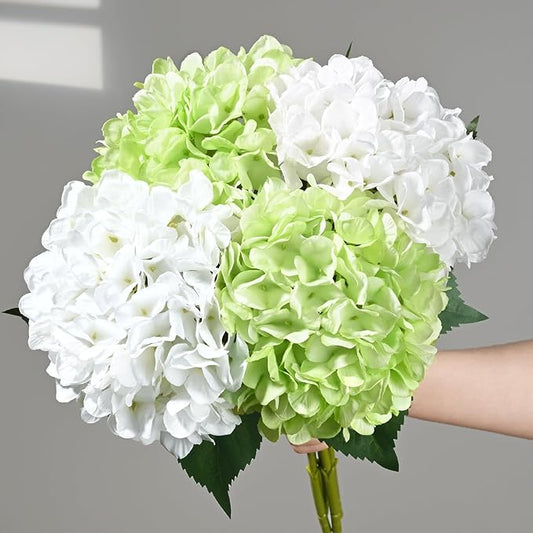 BLEUM CADE 8 Pcs Hydrangea Artificial Flowers with Realistic Stems, 18In Large Fake Flowers, Faux Flower for Home Party Decor Outdoor Wedding Bouquets Table Centerpieces Decoration,White Green