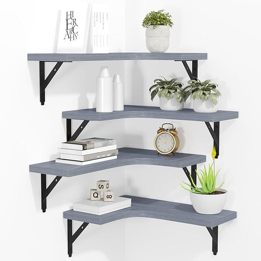 Corner Floating Shelves Wall Mounted Set of 4, Rustic Wood Storage Display Wall Shelves for Home Decor, Bathroom, Kitchen, Bedroom, Living Room, Office (Grey)