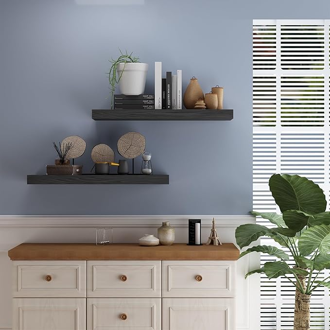 Floating Shelves for Wall- 17 Inch Natural Wood Black Shelves for Bathroom, Bedroom, Kitchen Decor, Farmhouse Decor Set of 2