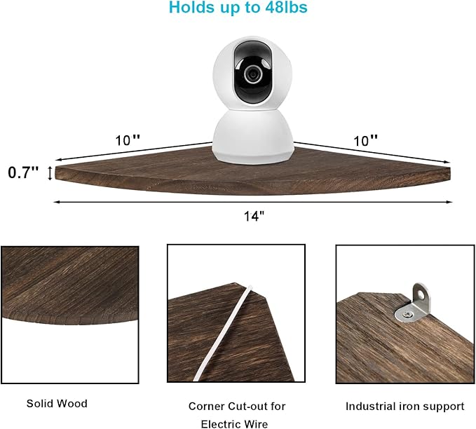 10 inch Corner Wall Shelf, Set of 2 Solid Wood Corner Floating Shelves for Wall, Round End Wall Mounted Floating Corner Shelf for Bedroom, Living Room and Kitchen (Brown-10 inch)
