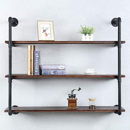 Industrial Pipe Shelving Wall Mounted,42in Rustic Metal Floating Shelves,Steampunk Real Wood Book Shelves,Wall Shelf Unit Bookshelf Hanging Wall Shelves,Farmhouse Kitchen Bar Shelving(3 Tier)