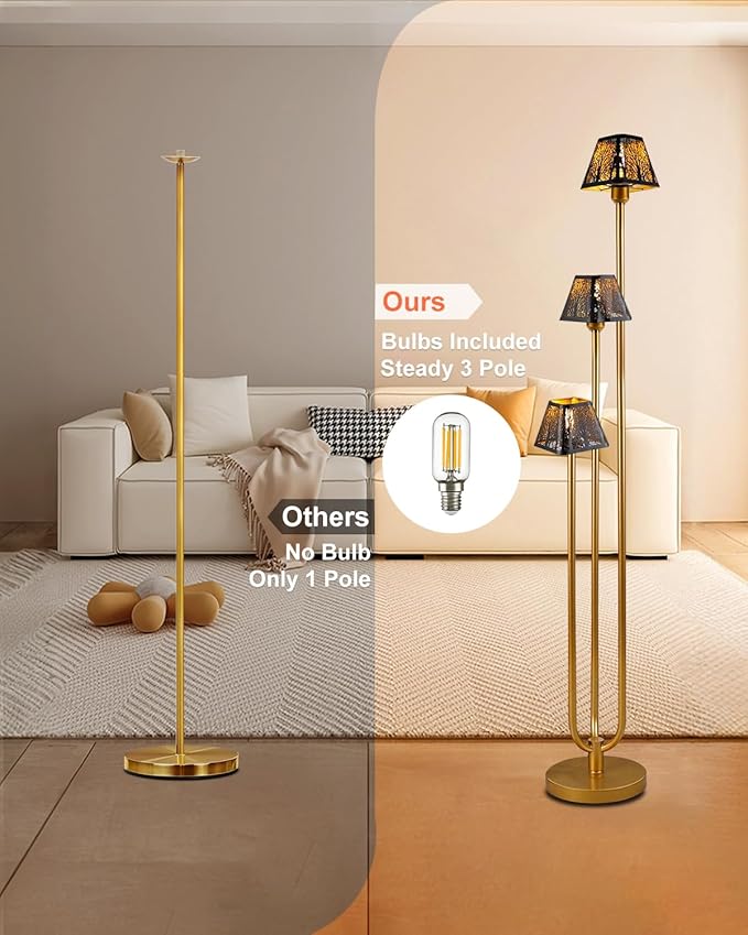 63IN Gold Floor Lamp, Unique 3 Poles Tall Standing Lamps with Metal Shade, 3000K Warmwhite Mid Century Modern Floor Lamp for Living Room Home Office(Bulbs Included)