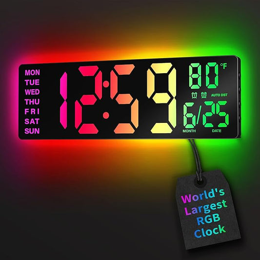 16.5" Large Digital Wall Clock with Remote Control, RGB Atmosphere Lights with 11 Scenes Mode, Dual Alarms with Big LED Display, Auto DST, Temperature for Living Room Gaming