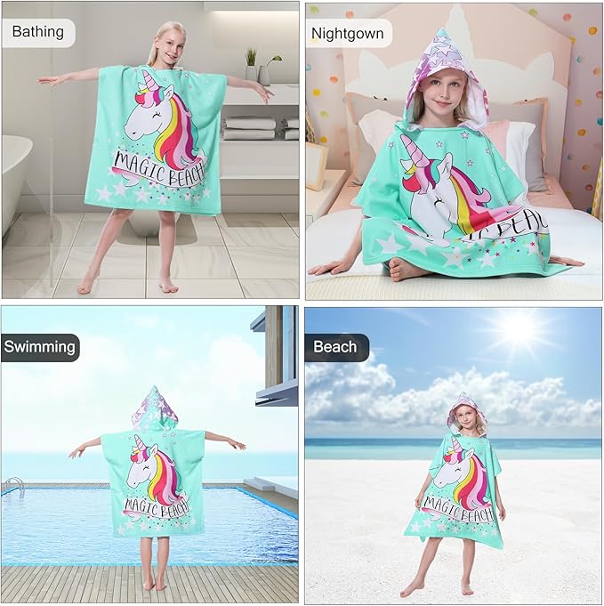 MOKANI Kids Hooded Poncho Towels, Soft & Absorbent Microfiber Beach Towel, Swimming Pool Changing Robe Bathrobe Bath Towel
