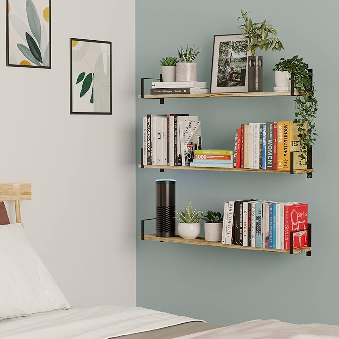 Wallniture Toledo Floating Bookshelf Set of 3, Wood Floating Shelves for Wall Storage, 36"x6" Long Wall Shelves for Living Room, Bathroom, Bedroom, Kitchen Pantry,Burnt Finish