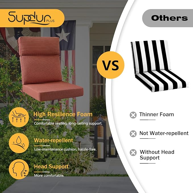 Outdoor High Back Chair Cushion, 2 Pack 44x21 inches Patio Chair Cushions Water Repellent Rocking Cushions Indoor Furniture Seat Pad, Dark Yellow Tan Stripe