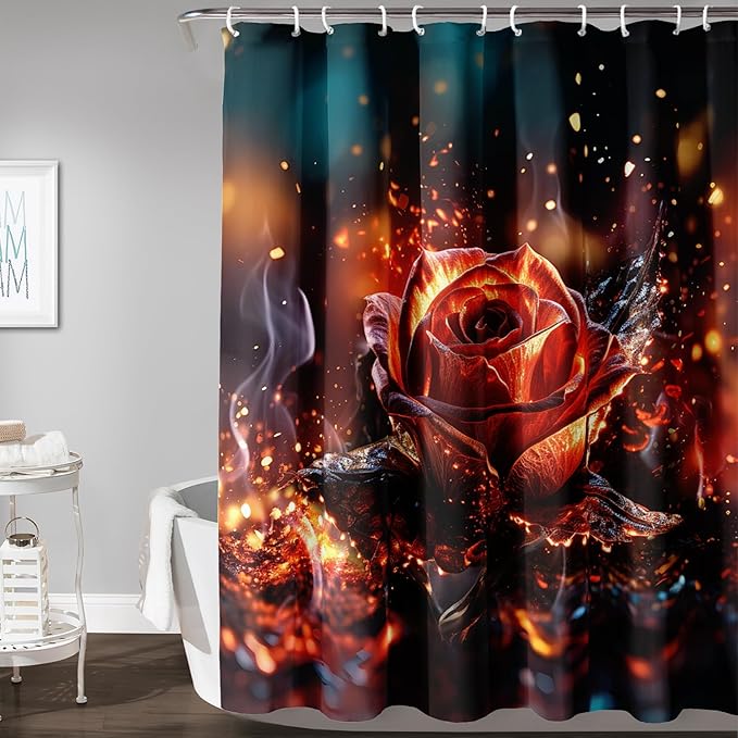 AILONEN 3D Rose Shower Curtain for Bathroom, Romantic Flame Smoky Rose Flower Bath Curtain,Burning Rose Shower Curtain Decoration Waterproof with 12 Plastic Hooks, 72" W*96" H