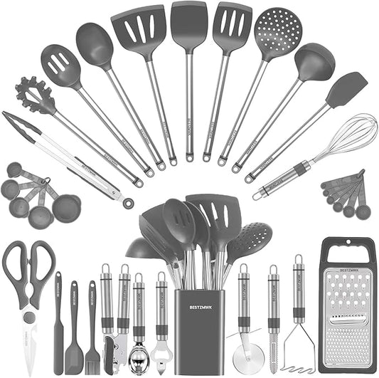 Kitchen Utensil Set-Silicone Cooking Utensils-33 Kitchen Gadgets & Spoons for Nonstick Cookware-Silicone and Stainless Steel Spatula Set-Best Kitchen Tools, Useful Pots (Grey)