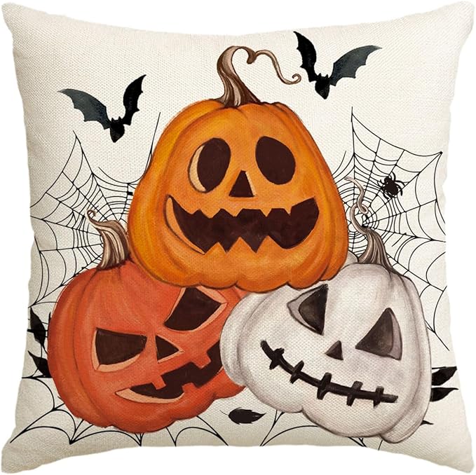 AVOIN colorlife Halloween Pumpkin Jack-O'-Lanterns Bat Throw Pillow Cover, 18 x 18 Inch Holiday Farmhouse Cushion Case Decoration for Sofa Couch