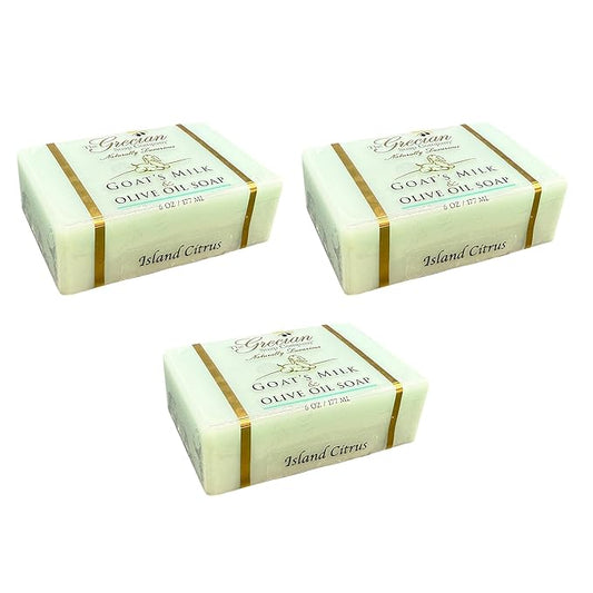 Grecian Goats Milk & Olive Oil Soap Bar 3-pack Island Citrus Scent: Handmade, All-Natural, Soap for Dry & Sensitive Skin, Anti-Aging, pH-Balanced, RSPO Sustainable - 4oz Bar