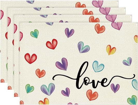 Artoid Mode Multicolor Love Hearts Valentine Placemats Set of 4, 12x18 Inch Seasonal Anniversary Holiday Table Mats for Party Kitchen Dining Decoration
