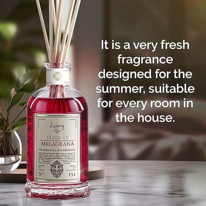 Logevy Firenze 1965 Elisir Di Melagrana – Pomegranate Elixir Luxury Home Fragrance Diffuser with Floral & Fruity Notes in Elegant Glass Bottle with 10 Natural Bamboo Reeds – 250ml