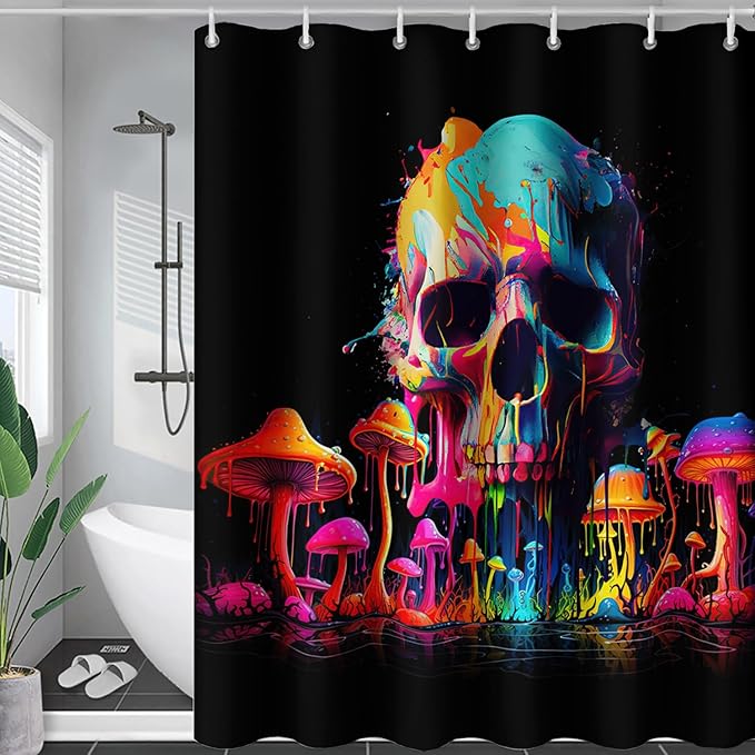 AILONEN Mushroom Skull Shower Curtain for Bathroom, 3D Oil Painting Mushroom Skull Bath Curtain for Kids Boys Girls,Modern Abstract Print Waterproof Black Curtain with 12 Plastic Hooks, 60" W*72" H