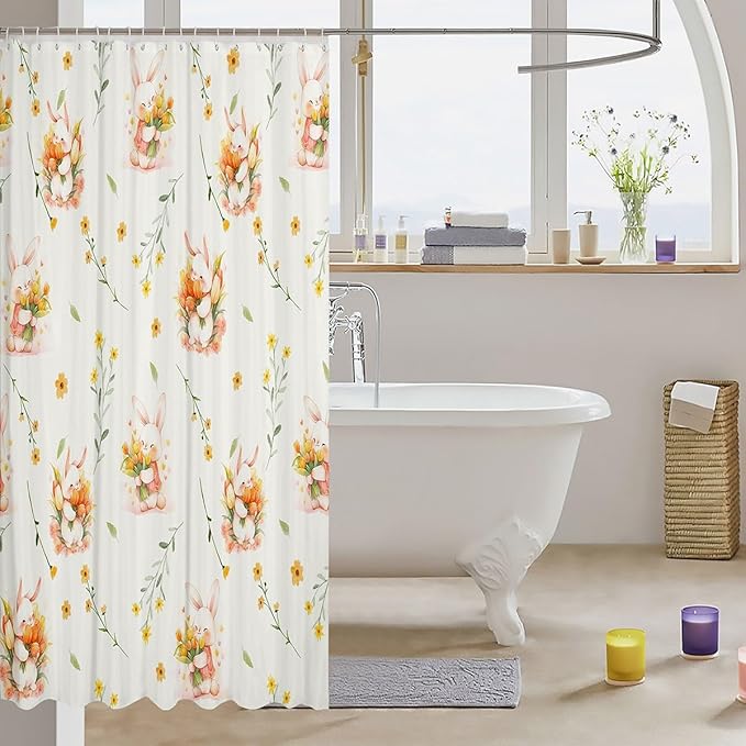 Cartoon Rabbits Kids Shower Curtains,Tulip Sunflowers Leaves Rustic Bathroom Curtains for Girls Boys,Happy Easter Cute Animals Colorful Bright Waterproof Curtains,12 Hooks Suits,72" W x 72" L