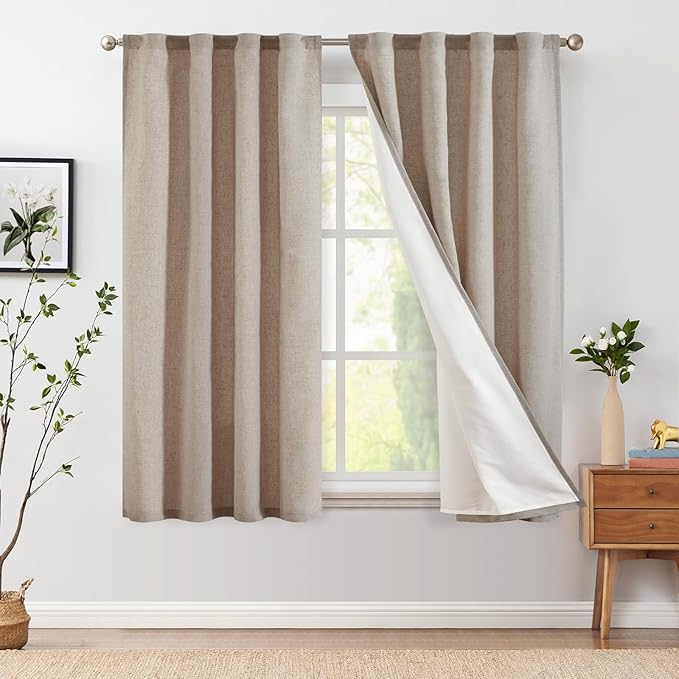 jinchan Taupe Lined Linen Blend Curtains 2 Panels for Bedroom/Closet, 63 Inch Length for Kitchen, 38 Inch Wide Farmhouse Drapes with Rod Pocket Back Tab(38W x 63L, Taupe)