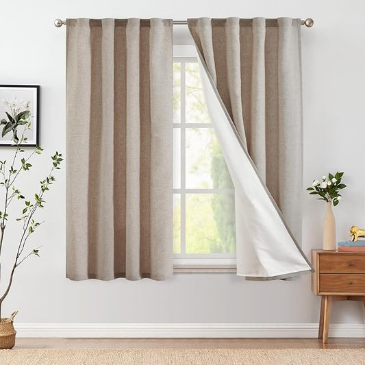 jinchan Taupe Lined Linen Blend Curtains 2 Panels for Bedroom/Closet, 63 Inch Length for Kitchen, 38 Inch Wide Farmhouse Drapes with Rod Pocket Back Tab(38W x 63L, Taupe)