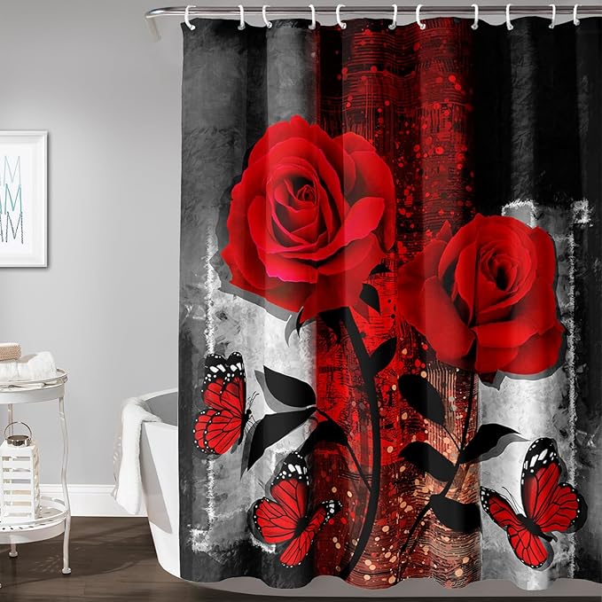 AILONEN Red Rose Shower Curtain for Bathroom, Romantic Rose Flower Bath Curtain,Grey Abstract Waterproof Floral Butterfly Print Shower Curtain Decoration with 12 Plastic Hooks, 60" W*72" H