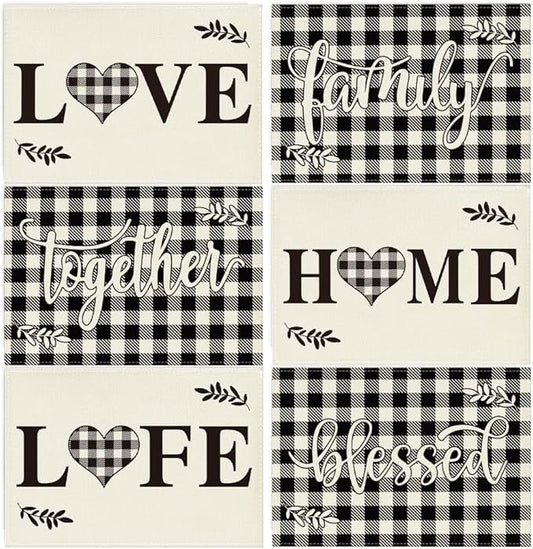 Artoid Mode Love Family Together Home Buffalo Plaid Placemats Set of 6,12x18 Inch Seasonal Table Mats for Party Kitchen Dining Decoration