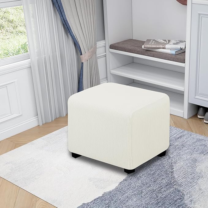 Easy-Going Stretch Square Ottoman Cover Folding Storage Stool Furniture Protector Soft Rectangle Slipcover with Elastic Bottom (15x15x15inch, Cream) X-Small