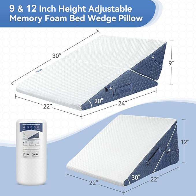 Bed Wedge Pillow for Sleep Apnea, 9 & 12 Inch Adjustable Wedge Pillow for Back Pain Relief, Leg and Knee Support, 7 in 1 Cooling-Gel Memory Foam Elevated Pillows for Acid Reflux, Post Surgery, Snoring