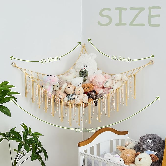 Pretty Jolly Stuffed Animal Storage Hammock with Wooden Beads Corner Hanging Net Boho Tassel for Toy Plush Holder for Kid Room Nursery Decor Wall Display Organizer for Girls Boy Gift(Yellow)