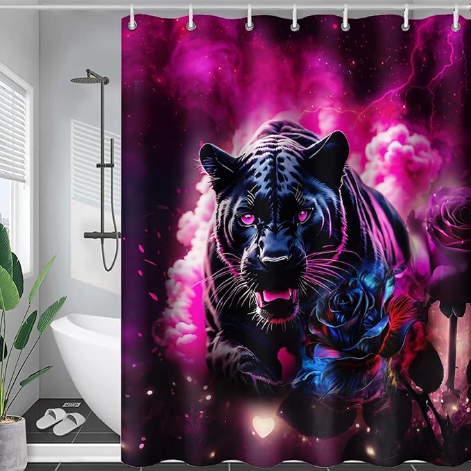 AILONEN 3D Black Panther Shower Curtain for Bathroom,Romantic Rose Smoky Leopard Printed Bath Curtain,Wildlife Cheetah Decoration Shower Curtain Waterproof 36" W*72" H