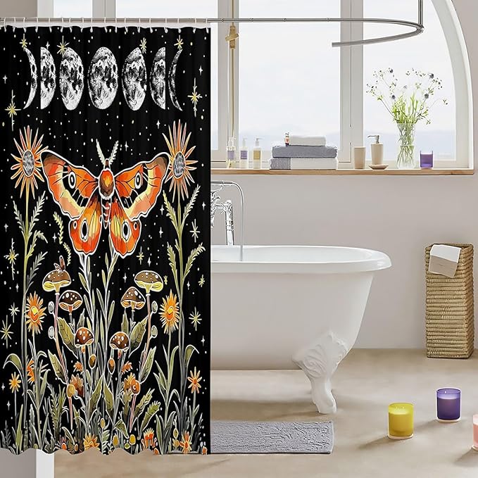 Feelyou Death Moth Shower Curtain Hippy Mushroom Fabric Shower Curtain for Kids Boys Girls Colour Bathroom Waterproof Accessories with 12 Hooks Bohemian Style Curtains,72x72 Inches