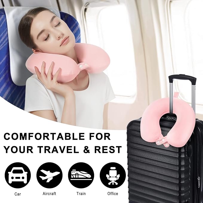 Travel Neck Pillow Airplane, Soft Memory Foam Support Head Neck Chin, with Removale Cover and Adjustable Snap Button, Comfortable Sleeping in Plane Car Train Traveling Office, Light Pink