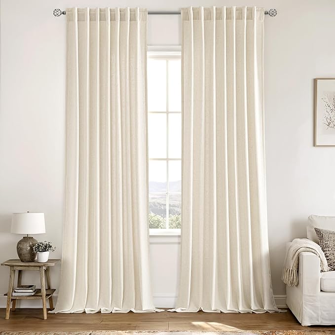 MIULEE Non-See-Through Privacy Linen Curtains 2 Panels, Light Filtering Window Curtains Farmhouse Textured Back Tab Semi Sheer Drapes for Bedroom Living Room, 52 x 96 Inches Long, Cream Ivory