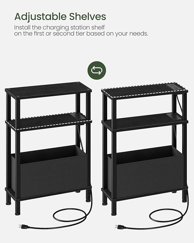 Small Narrow Side Table with Charging Station, Skinny End Table with Fabric Basket, Slim Nightstand for Small Spaces, Sofa Side Table, for Living Room, Bedroom, Black TBZ07UBB
