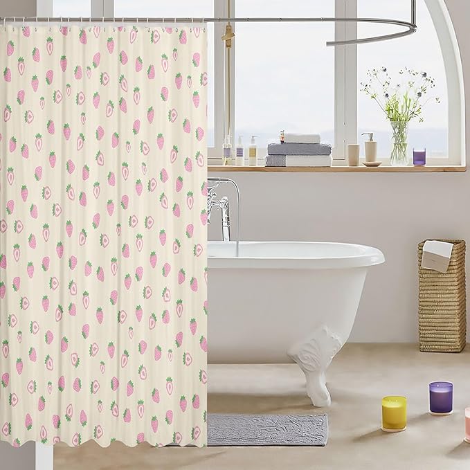 Feelyou Strawberry Fabric Shower Curtain Ivory White Shower Curtain for Kids Boys Girls Kawaii Fruit Bathroom Waterproof Accessories with 12 Hooks Cute Curtains,72x78 Inches