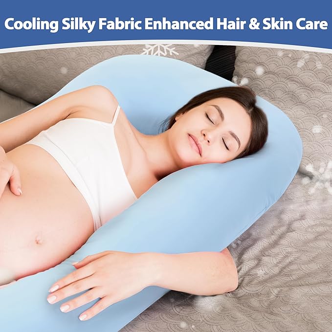 Cooling Pregnancy Pillow Cover (ONLY Pillowcase), Q-Max 0.4 U Shaped Luxurious Smooth Maternity Pillow Cover with Hidden Zip, Cool Large Pillow Protector for Side Hot Sleeper, Blue, 61x31 in