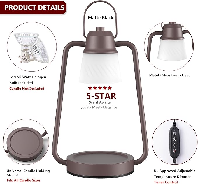 Candle Warmer Lamp with Timer, Dimmer Candle Warmer Scented Candles, Electric Wax Warmer for Jar Candles, Candle Lamp Warmer with 2 Bulbs,Home Decor, Birthday Gifts for Women Men