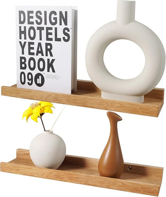 16 Inch Floating Shelves Wall Mounted Set of 2, Rustic Wall Shelves for Decor and Storage, Natural Solid Oak Wood Shelf, Picture Ledge for Bedroom/Bathroom/Living Room/Kitchen, Natural Color, 16*4*1.5