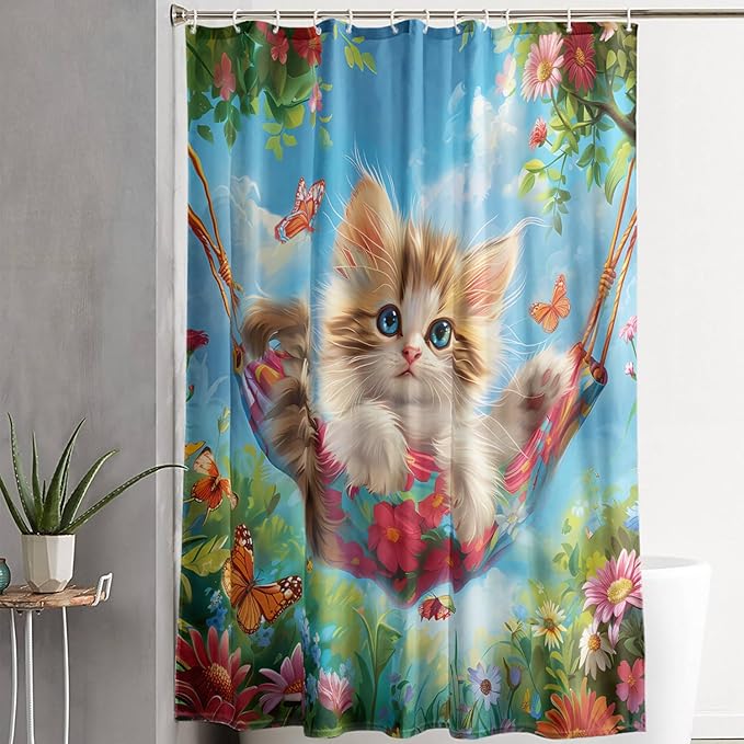 AILONEN Kawaii Cat Shower Curtain Set, Swing Cat with Butterfly Waterproof Fabric Shower Curtain for Kids Boys Girls,Cartoon Pet Cats Cloth Bath Curtain,48" W*72" H