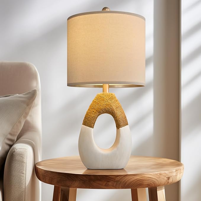 OYEARS 19” Boho Table Lamps Bedroom Living Room,Suitable for Small Space,Farmhouse Rattan Lamp Rustic Egg Design Resin Nightstand Bedside Lamps for Bedroom Living Room Office Study Rest Decor