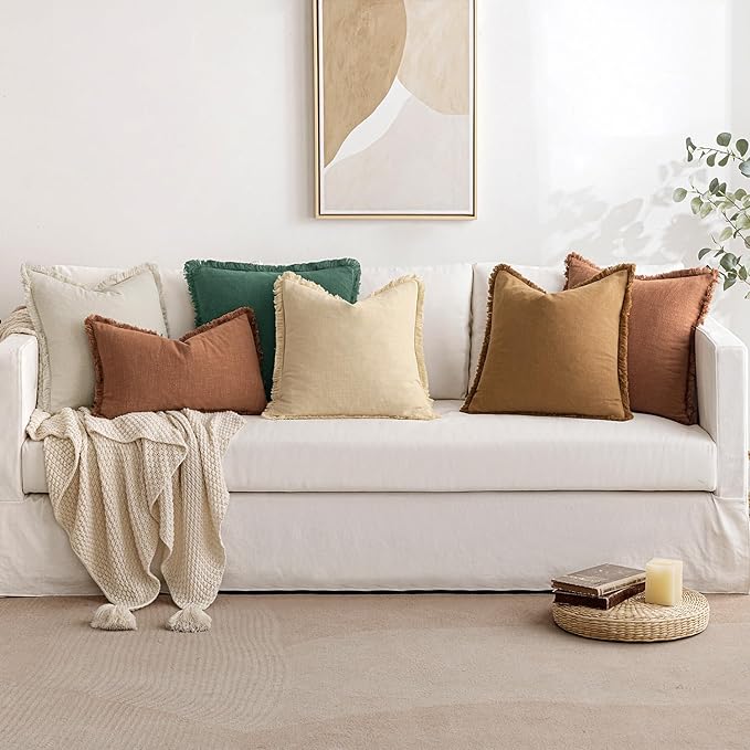 MIULEE Decorative Throw Pillow Covers Neutral Linen Fringe Throw Pillows Set of 2 Greyish Green Boho Farmhouse Cushion Covers with Tassels for Couch Sofa Bed Living Room Spring Home Decor 20x20 Inch