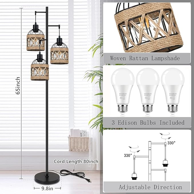 Floor Lamp for Living Room,Bedroom,3-Lights Boho Rattan Tree Floor Lights,Industrial Black Farmhouse Standing Lamp Wicker Rustic Tall Lamp,Woven Bamboo LampShade Floor Lamps Bohemian