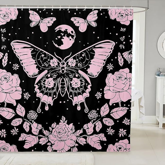 Feelyou Pink Butterfly Fabric Shower Curtain Cover Botanical Floral Shower Curtain for Kids Boys Girls Butterflies Bathroom Waterproof Accessories with 12 Hooks Flying Curtains,72x78 Inches