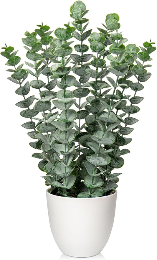 Briful 15.7'' Artificial Eucalyptus Plants in White Planter Pot Realistic Fake Plants Potted Faux Plant Indoor for Home Décor Farmhouse Centerpieces Patio Table