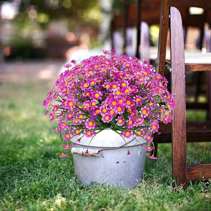 Artificial Daisies Flowers Outdoor UV Resistant 4 Bundles Fake Foliage Greenery Faux Plants Shrubs Plastic Bushes for Window Box Hanging Planter Farmhouse Indoor Outside Decor(Magenta)