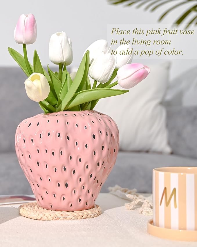 DN DECONATION Pink Strawberry Vase for Flower, Strawberry Shaped Planter Pot for Girls, Unique Ceramic Fruit Vases for Strawberry Party Kitchen Decorations, for Mom&Grandma