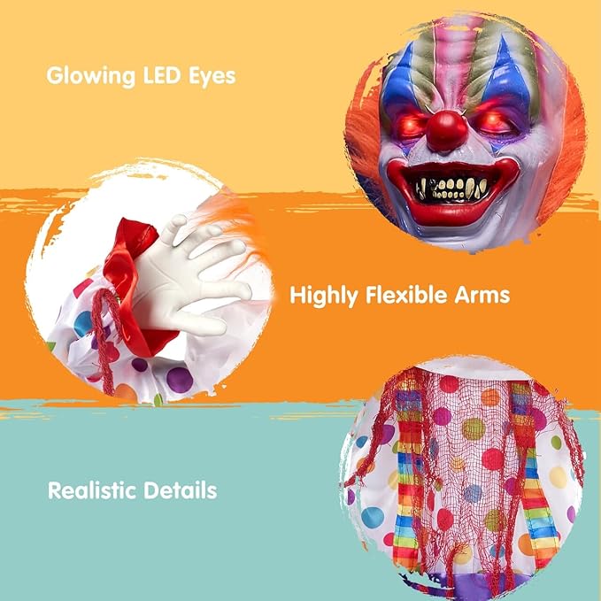 JOYIN 65" Halloween Hanging Clown Decoration Outdoor, Neon Face LED Talking with Light-up Eyes and Creepy Sound Haunted House Decor, for Lawn, Yard, Patio