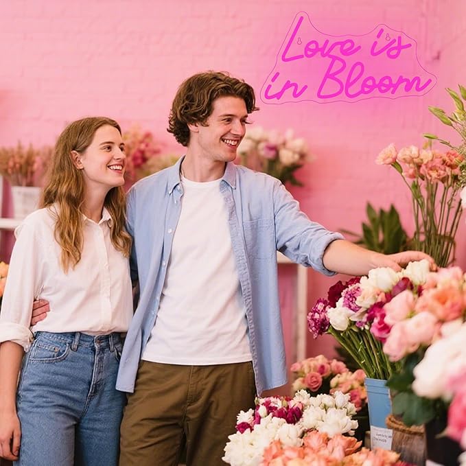 NOSUN Love is in Bloom Neon Sign for Wall Decor Dimmable Led Lights Signs Letters Signs for Bridal Shower Pink Neon Light Room Decor for Wedding Engagement Birthday Party Gift