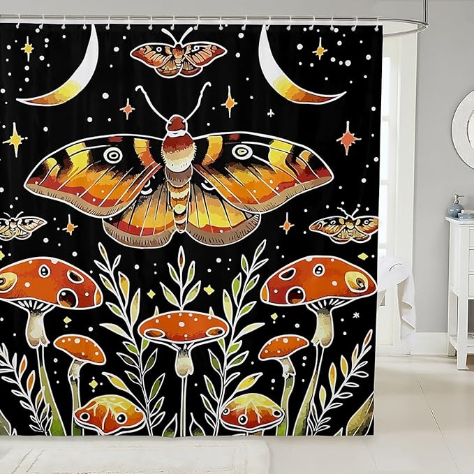 Feelyou Death Moth Shower Curtain Hippy Mushroom Fabric Shower Curtain for Kids Boys Girls Boho Moon Phase Bathroom Waterproof Accessories with 12 Hooks Bohemian Style Curtains,72x78 Inches