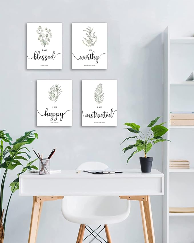 Drsoum Inspirational Framed Wall Art Boho Botanical Plant Wall Decor Motivational Quote Office Study Living Room Bedroom Decor Set of 4 8x10 inch (Wooden Frames)