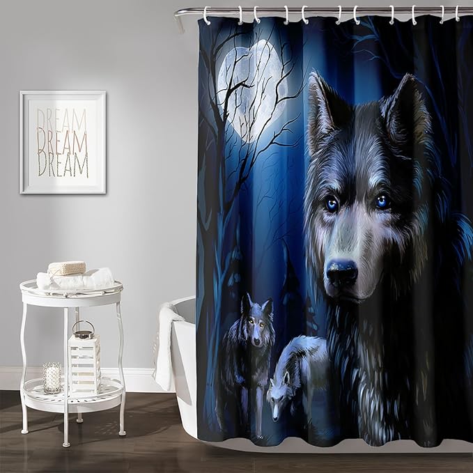 AILONEN Cool Wolf Shower Curtain,Evening Moon Wolf Bath Curtain for Bathroom Decor,Polyester Waterproof for Shower,72" W*72" H with 12 Plastic Hooks