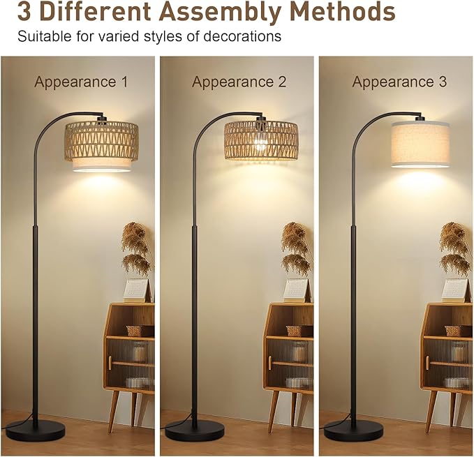 Arc Floor Lamp Black, Boho Floor Lamps for Living Room, Dimmable Standing Tall Lamps with Rattan Fabric Shade, Modern Floor Lamp Farmhouse Bohemian Light for Bedroom, Office, 9W LED Bulb Included