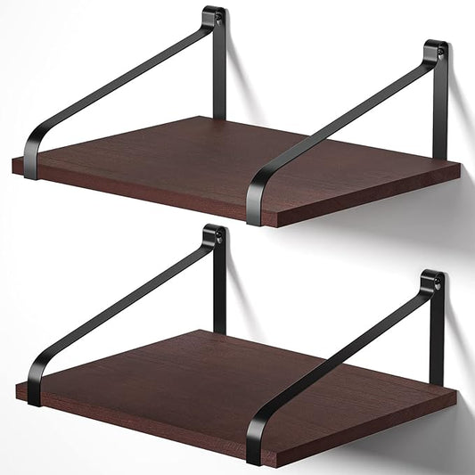 Love-KANKEI Floating Wall Shelves Mount Solid Wood with Enough Storage L16.5 x W12 inch for Kitchen Living Room Bathroom Bedroom Set of 2 Dark Walnut